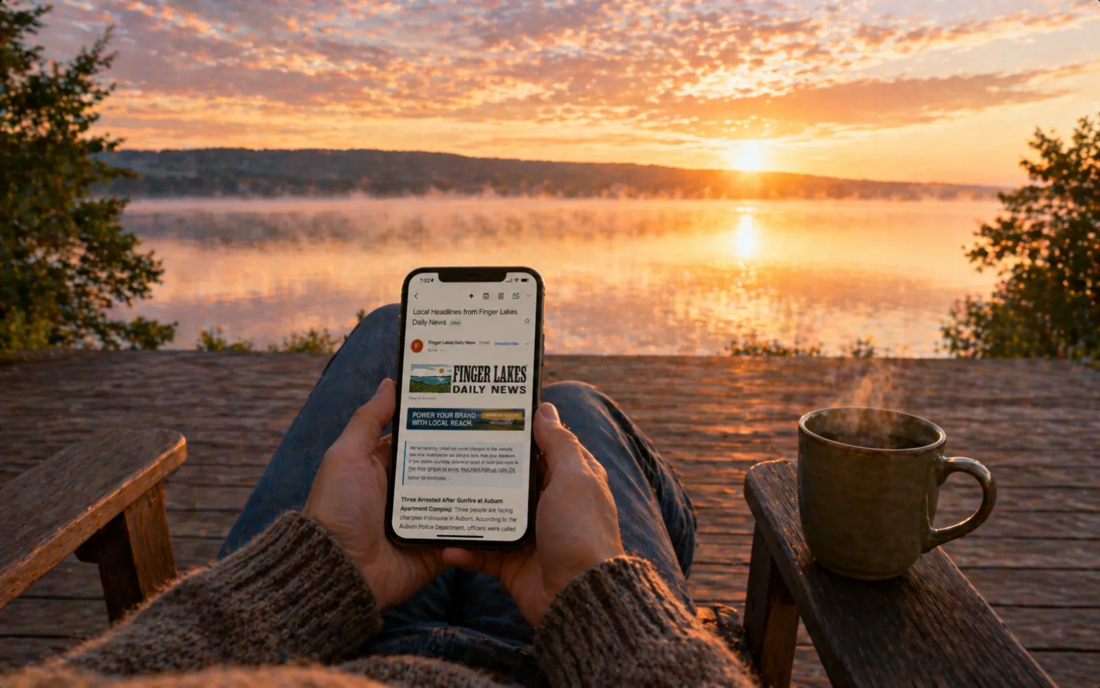 A reader checks the FLDN morning newsletter on their phone at sunrise over a Finger Lake