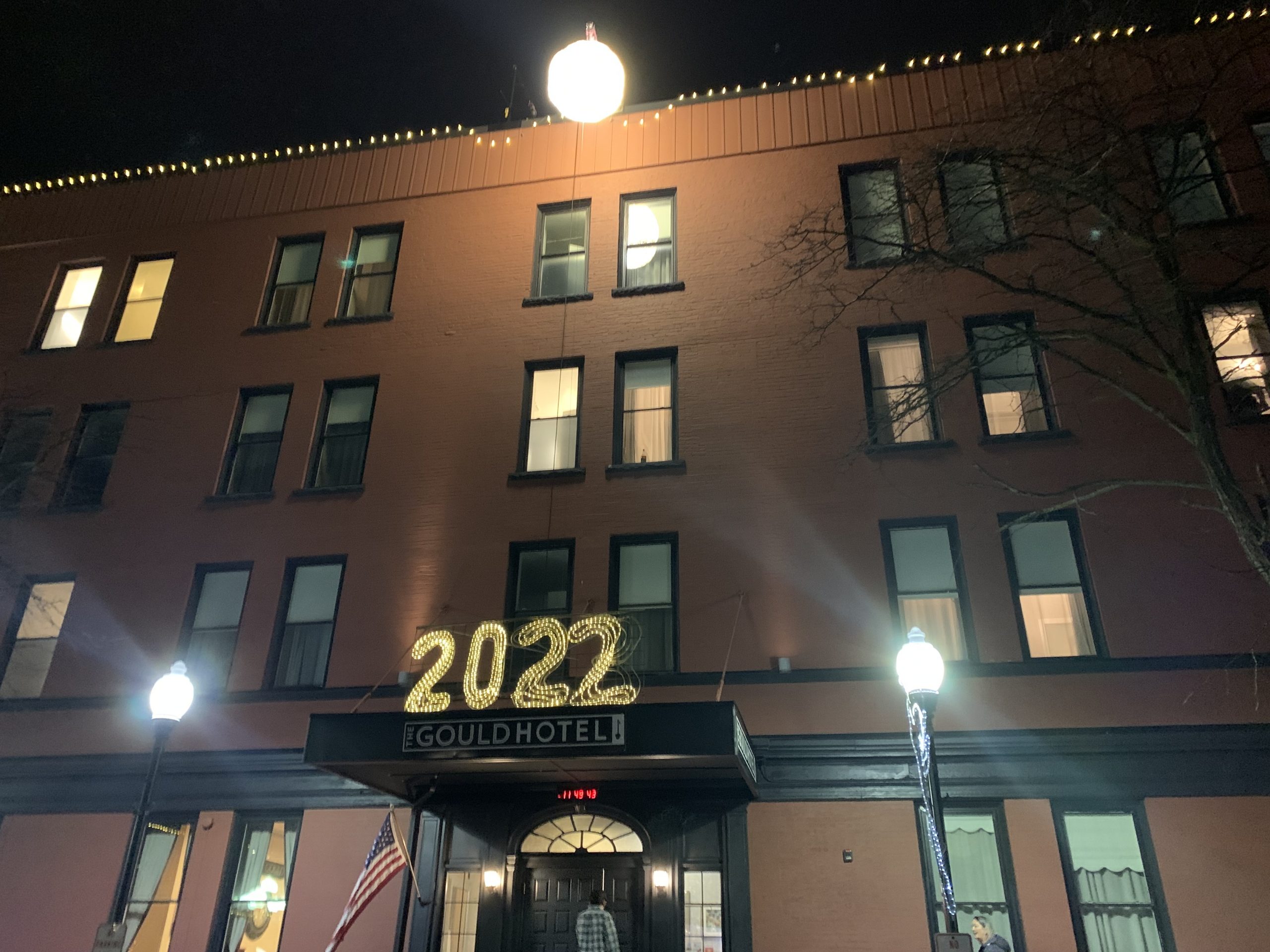 The Gould Hotel in Seneca Falls illuminated with "2022" lights for a New Year's celebration.