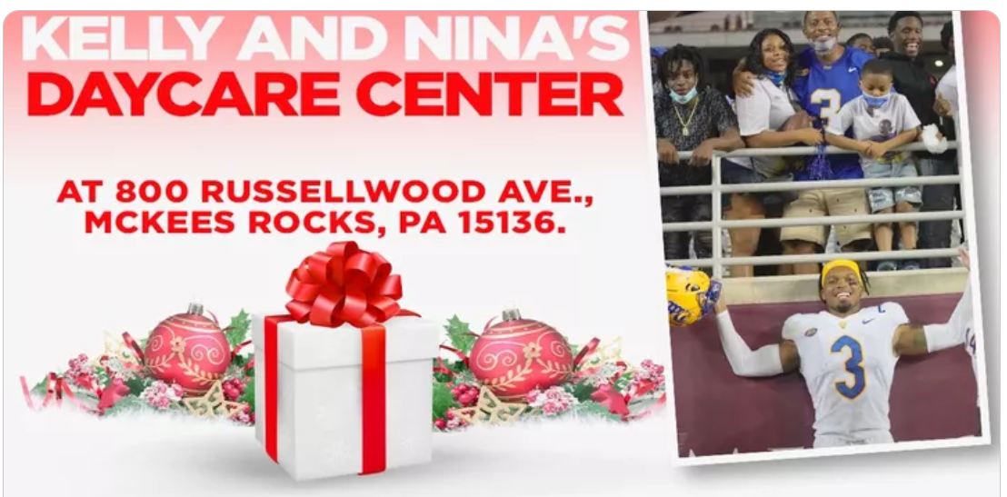A promotional graphic for Kelly and Nina's Daycare Center next to a photo of football player Damar Hamlin celebrating.