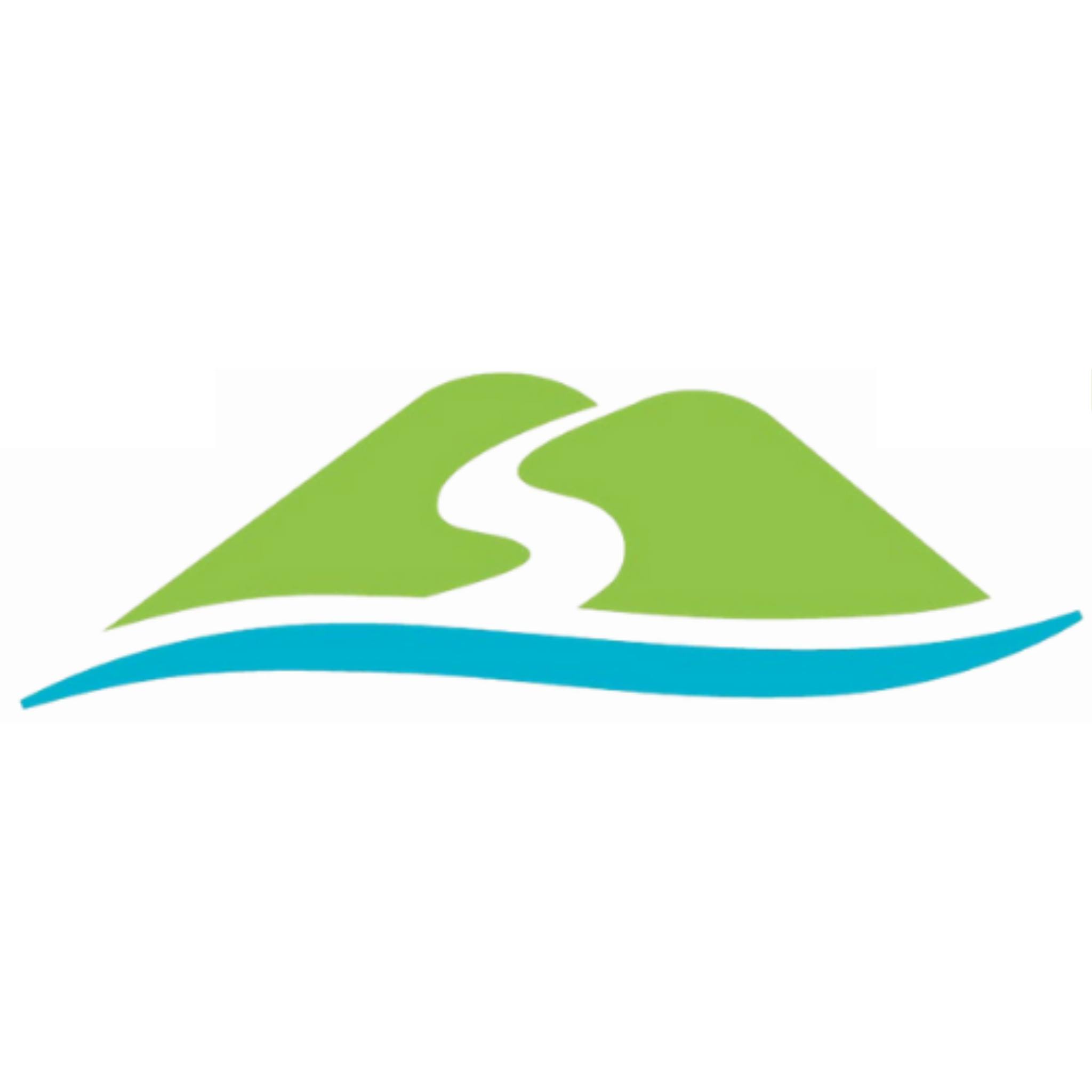 Logo for Seneca Lake Pure Waters, showing green hills, a winding path, and a blue body of water.