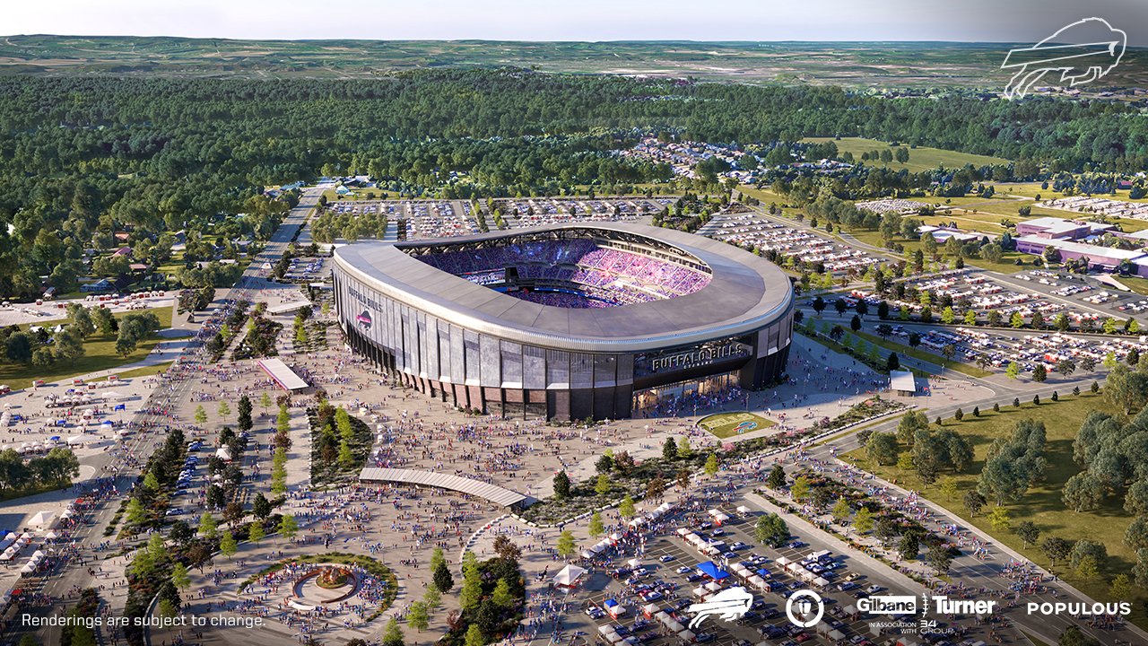 Aerial rendering of the new Buffalo Bills stadium, surrounded by crowds, parking lots, and green areas.