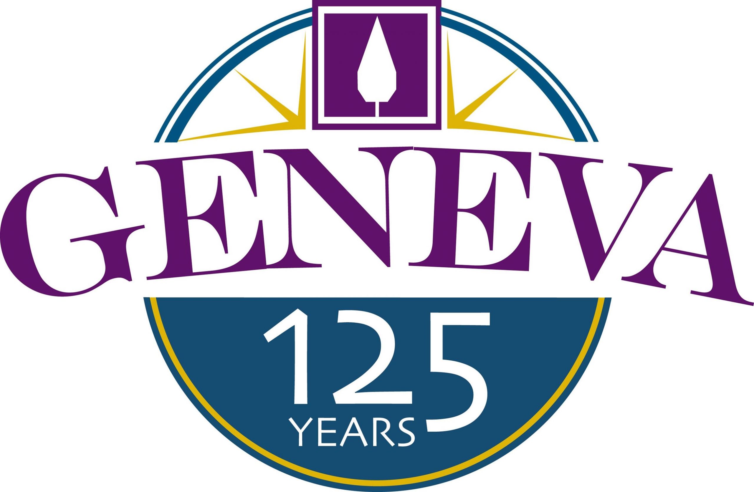 Logo for Geneva's 125th anniversary, featuring 'GENEVA' in purple and '125 YEARS' on a blue banner.