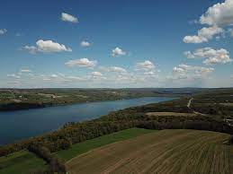 Aerial view of Owasco Lake, surrounded by green forests and agricultural fields under a blue sky with white clouds.