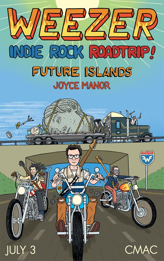 Concert poster for Weezer's 'Indie Rock Roadtrip!' featuring cartoon band members on motorcycles and tour details.