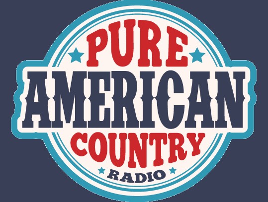 Red, white, and blue logo for "Pure American Country Radio" with stars, set against a navy background.