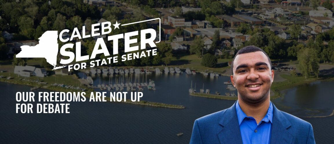 Caleb Slater for State Senate campaign graphic with Slater smiling over a waterfront town and marina.
