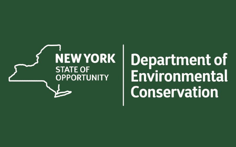 Logo for the New York State Department of Environmental Conservation, featuring the state outline and text.