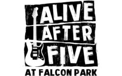 Black and white graphic for 'Alive After Five at Falcon Park' concert series, featuring an electric guitar.