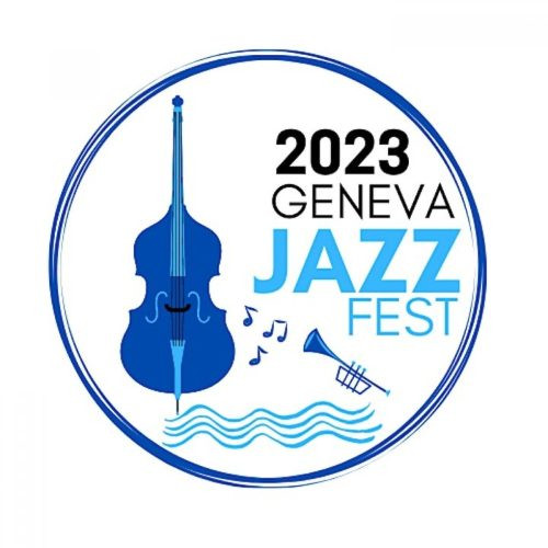 Logo for 2023 Geneva Jazz Fest featuring a blue upright bass, trumpet, musical notes, and wavy lines in a circle.