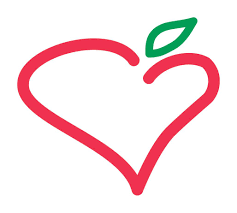 Logo for Finger Lakes Health, featuring a red heart outline with a green leaf, resembling an apple.