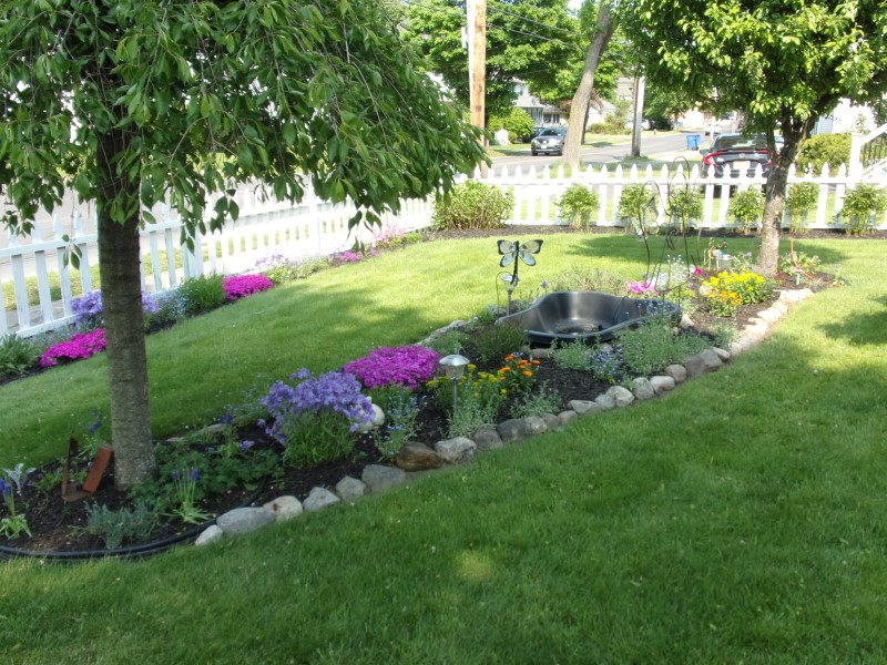 A vibrant front flower garden with a white picket fence, two trees, and a bird bath, likely a contest winner.
