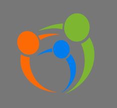 Stylized logo with three interconnected abstract figures in orange, blue, and green on a gray background.