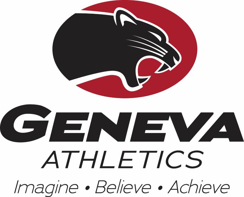Logo for Geneva Athletics featuring a black panther head in a red oval, with the tagline 'Imagine • Believe • Achieve'.