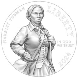 Grayscale illustration of Harriet Tubman on a coin design, with text 'HARRIET TUBMAN', 'LIBERTY', 'IN GOD WE TRUST', '2024'.