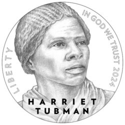 Pencil drawing of Harriet Tubman's portrait on a coin design, with text 'LIBERTY', 'IN GOD WE TRUST 2024', and 'HARRIET TUBMAN'.