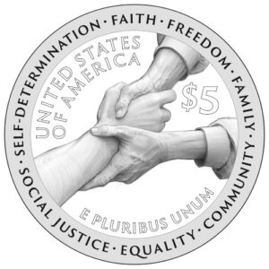 Design for a $5 commemorative coin showing two hands clasped, surrounded by words like 'Freedom' and 'Equality'.