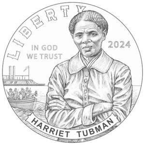 Grayscale illustration of a Harriet Tubman commemorative coin design, featuring Tubman, a steamboat, and a small boat.