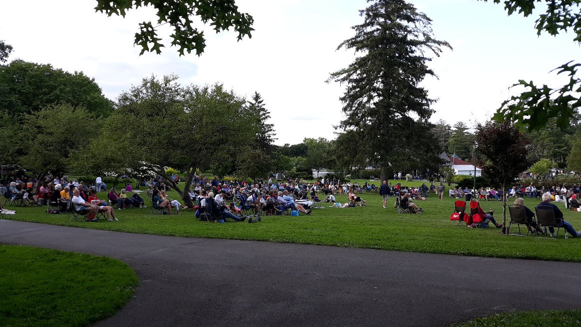 A crowd of people sits on a grassy lawn, watching an outdoor concert or event in a park with trees.