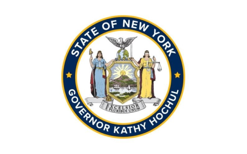 Official seal of the State of New York, featuring the state emblem and the text 'Governor Kathy Hochul'.