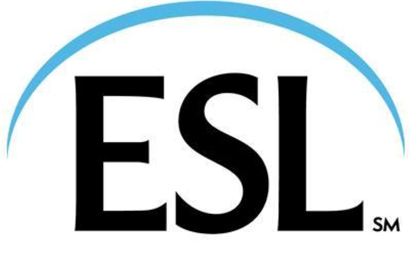 The ESL logo, featuring the letters 'ESL' in black text with a blue arc curving above them.