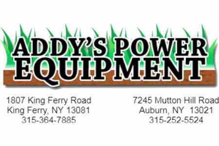 Logo for Addy's Power Equipment with green grass graphic, listing King Ferry and Auburn, NY locations and phone numbers.