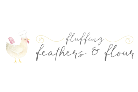 Watercolor logo for Fluffing Feathers & Flour, featuring a chicken in a chef hat holding a spatula.