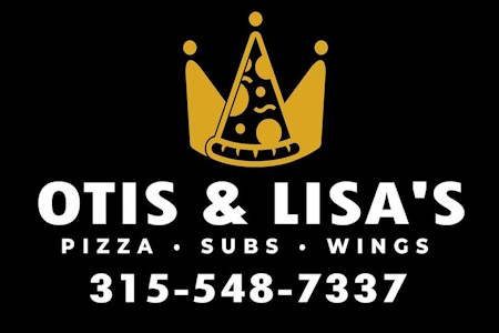 Logo for Otis & Lisa's, a pizza, subs, and wings restaurant, with a pizza slice inside a gold crown. 315-548-7337.