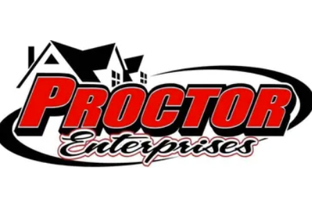 Logo for Proctor Enterprises featuring red text and black silhouettes of houses.