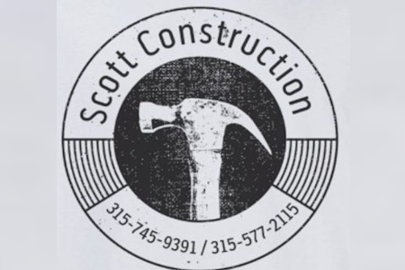 Circular logo for Scott Construction featuring a hammer, with phone numbers 315-745-9391 and 315-577-2115.