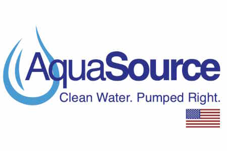 AquaSource logo with water drop graphic, slogan 'Clean Water. Pumped Right.', and American flag.