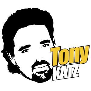 Stylized black-and-white portrait of Tony Katz next to his name in yellow and white text.