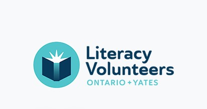 Logo for Literacy Volunteers of Ontario + Yates, featuring an open book in a teal circle.