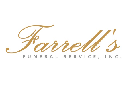 Logo for Farrell's Funeral Service, Inc. with gold cursive and grey block lettering on a white background.