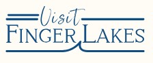 Logo for "Visit Finger Lakes" in blue text on a light background, with decorative lines and a wave.
