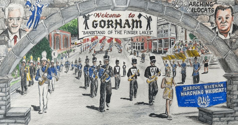 Drawing of a parade with marching bands under a 'Welcome to Gorham' archway, featuring portraits and a 'Marcus Whitman' sign.