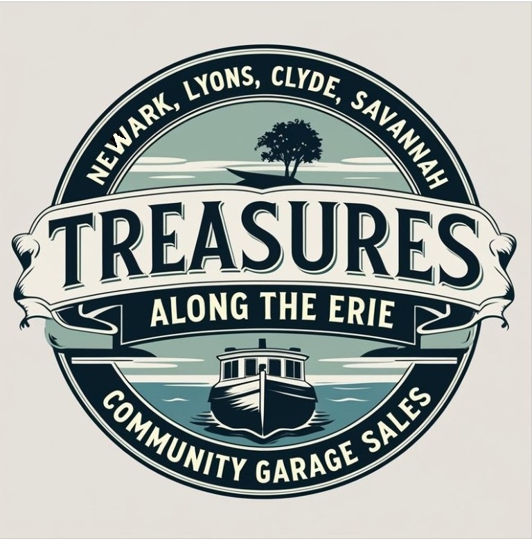 Logo for 'Treasures Along the Erie Community Garage Sales' with a boat, water, and towns Newark, Lyons, Clyde, Savannah.