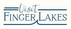 The "Visit Finger Lakes" logo features blue text on a white background, with "Visit" in script and "FINGER LAKES" in serif font, accented by horizontal lines and a wave design.