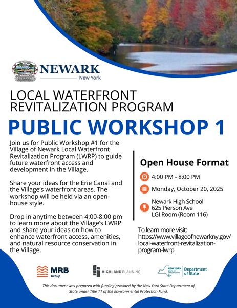 Flyer for Newark's Local Waterfront Revitalization Program public workshop on Oct 20, 2025, at Newark High School.