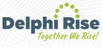 The Delphi Rise logo features the organization's name and tagline, "Together We Rise!" with a green arc of circles.