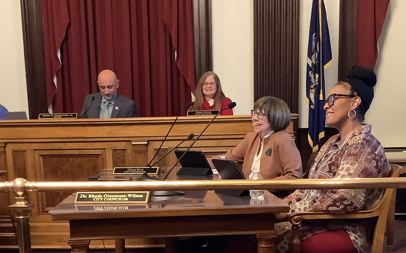 Dr. Rhoda Overstreet-Wilson and other city officials attend a meeting in a government chamber.