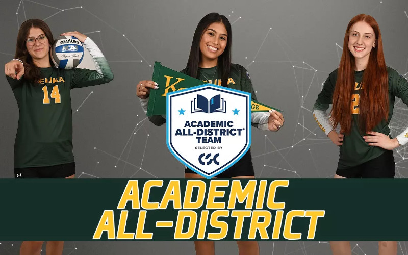 Three Keuka College volleyball players, recognized as Academic All-District, pose with a ball and pennant.
