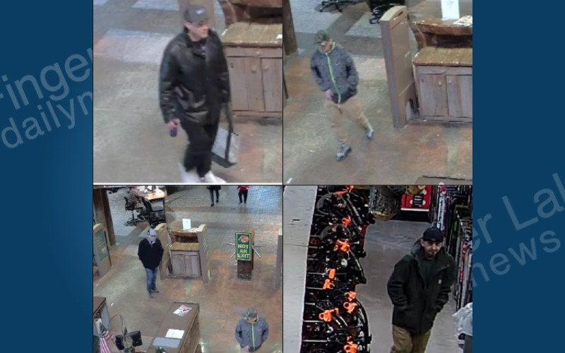 Four surveillance camera views show different individuals inside a Bass Pro Shops store in Auburn, NY.
