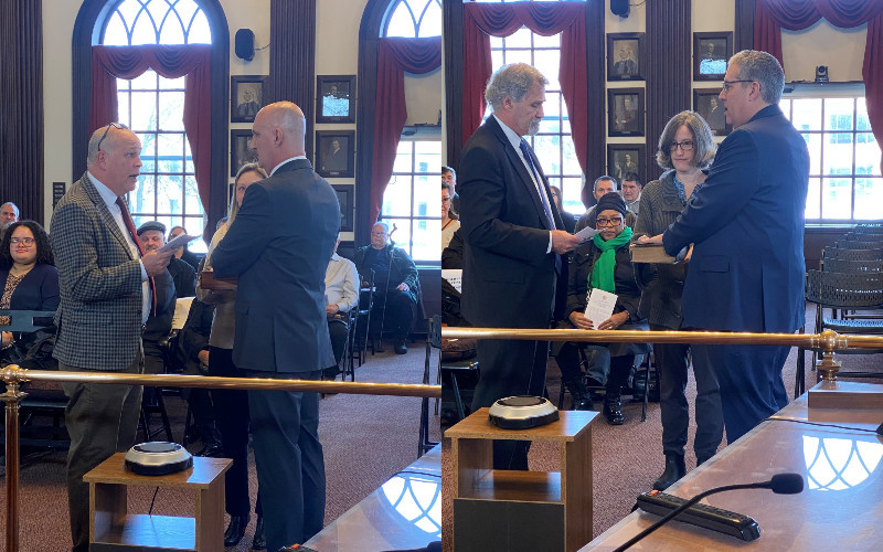 Two scenes: Officials administer oaths to new members, including a woman with her hand on a book, during an indoor ceremony.