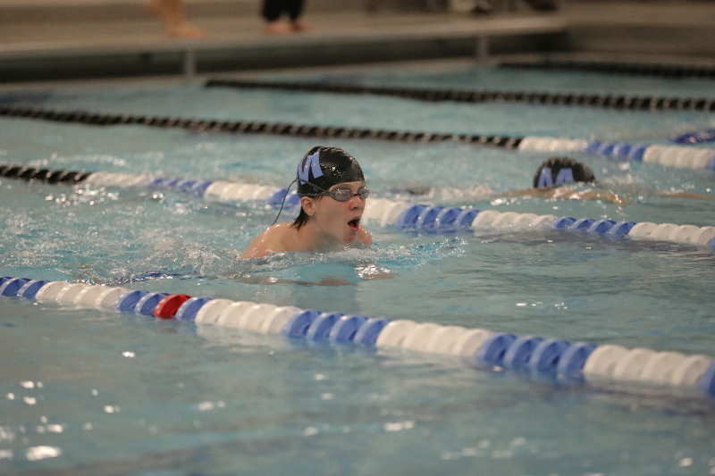 Swimmer in black cap and goggles performs breaststroke during a Midlakes swim meet.