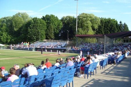 Spectators watch a baseball game at Falcon Park, home of the Auburn Doubledays, under a clear sky.