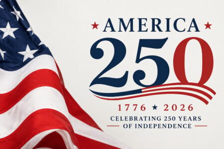 America 250 logo with a waving American flag, celebrating 250 years of independence from 1776 to 2026.