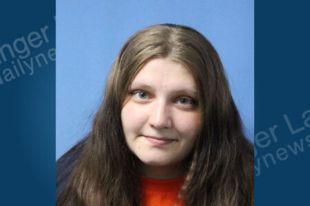 Mugshot of Brooke Ferris, a young woman with long brown hair, accused of welfare fraud in Wolcott, NY.