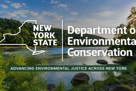 New York State Department of Environmental Conservation logo over a river landscape, promoting environmental justice.