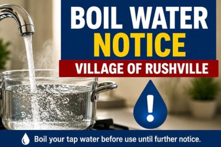 Graphic: Boil Water Notice for Village of Rushville, showing water boiling in a pot under a faucet.