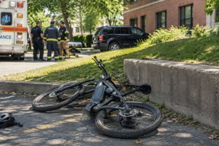 An e-bike and helmet lie on the ground after a crash, with an ambulance and emergency responders in the background.